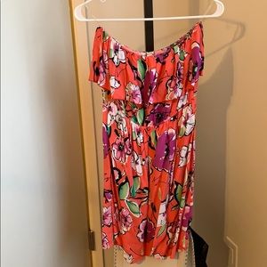 Strapless coral floral spring and summer dress